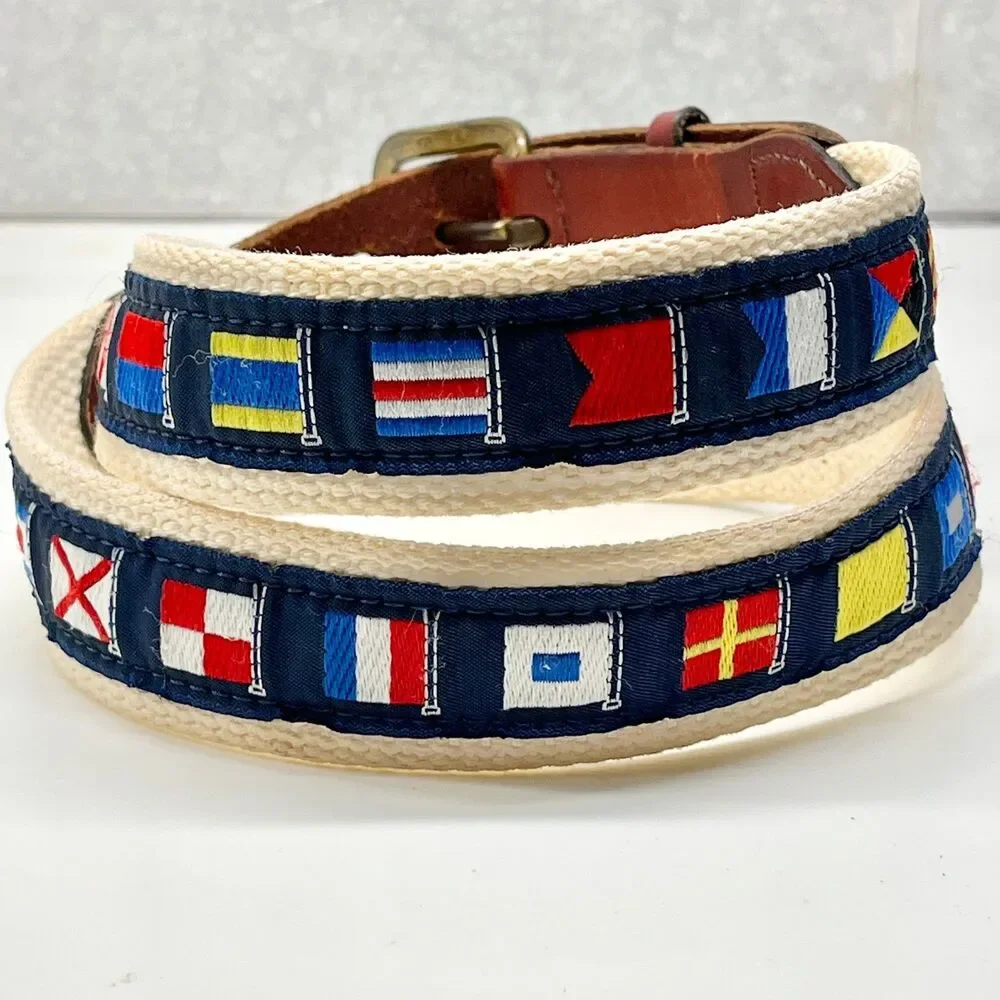 Leather Man Ltd Mens Nautical Flag Ribbon Brown Leather Belt Size 30 XS Brass
